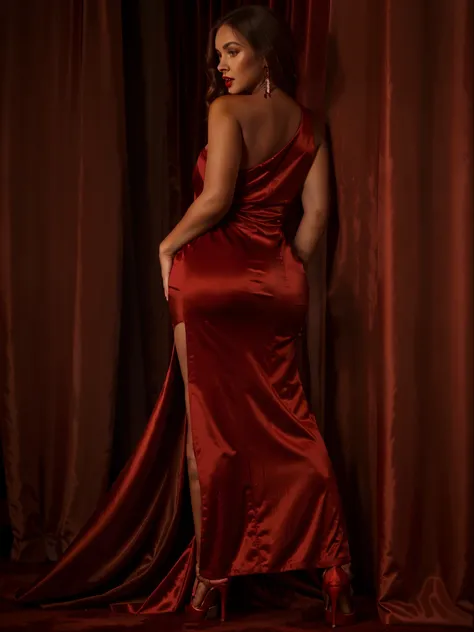 a woman in a red dress standing in front of a beige background, back slit, elegant red dress, sexy gown, sexy red dress, dressed in red velvet, satin, revealing stylish dress, full length view, in crimson red, red dress, ombre velvet gown, sexy dress, dark...