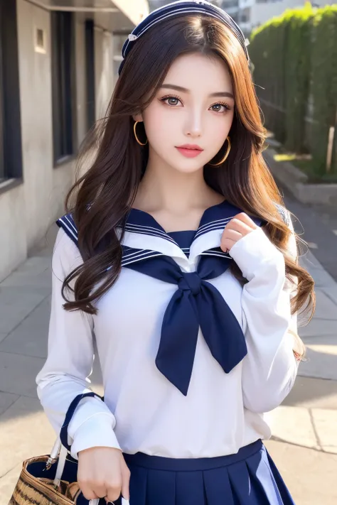 (Top resolution, Distinct_Image 1.2) 、(Beautiful girl with golden ratio face)、(very vivid eyes、wolf eyes 3.5)、excellent, masutepiece, high detailing, lipgloss、Very beautiful girl、 Solo, Beautiful girl like a model、(Long-sleeved sailor suit、pleatedskirt)