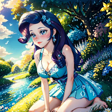 Rarity, rarity from my little pony, rarity in the form of a girl, lushes breast, curvy hips, dark purple curly hair, blue oceanic eyes, barefoot, white and blue dress, in a mythical garden, ethereal garden, sitting down on grass, waterfall, blue and white ...