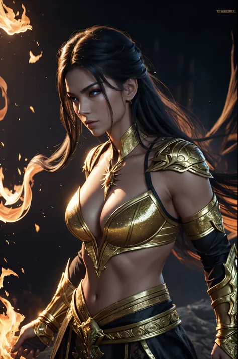 8K,cinematic wonder:Mortal Kombat&#39;s scorpion shines in ultra-realistic glory in Unreal Engine 5、femele、cleavage of the breast、sideboob barbosa、Sparkling with intricate golden threads and luxuriously textured fabrics、Decorated with glittering modern roy...