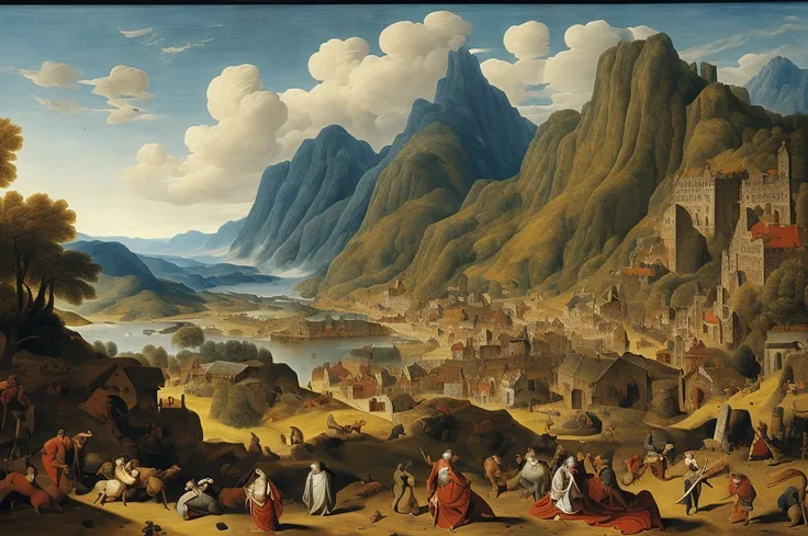 evil giant god、Cthulhu、barroco、A weekend landscape drawn by modern Brueghel、