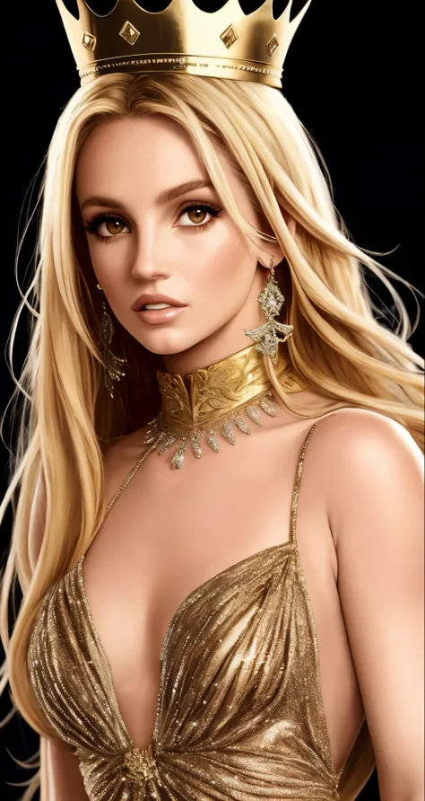 Britney Spears com asas de anjo, roupa com luzes brancas, Golden crown on head, nas nuvens 8k realista