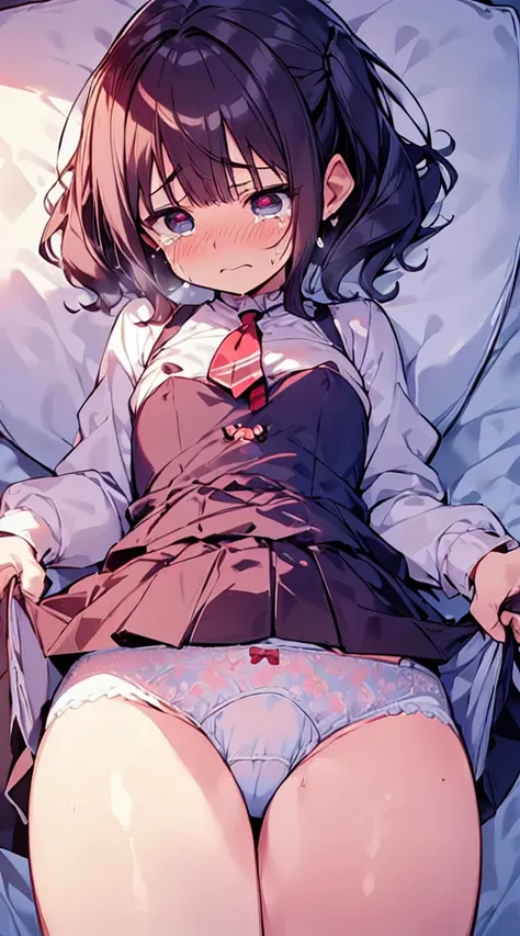 masutepiece, Best Quality,Illustration, Wallpaper, Ultra Detail, Little Face Lori、(((molesting)))、((fear:1.5)))、(Teary-eyed:1.5)、(((Cute underwear)))、ample breasts、((Morester))、Cherry-colored nipples