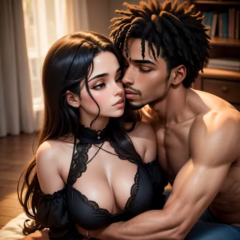 Casal jovem, um homem negro forte e uma mulher branca de cabelo preto. Romantic position for standing kiss. Fundo neutro.