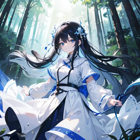 1girl, black hair, long hair, blue eyes, long white dress, forest , absurdres, high res, ultrasharp, 8K, masterpiece, looking at viewer