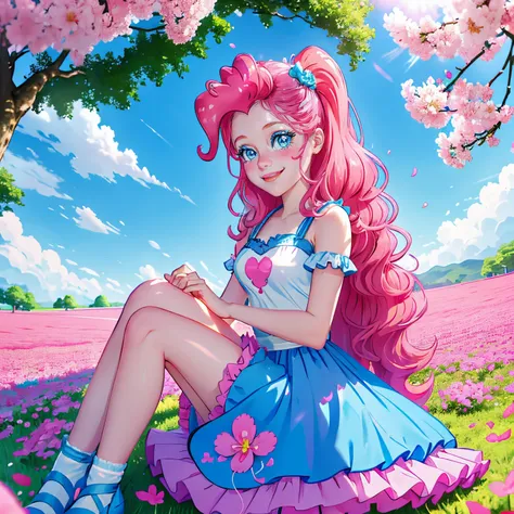 My little pony pinkie pie, pinkie pie, pinkie pie in the form of a girl, long dark pink hair, blue eyes, long pink and blue frilly dress, white frilly thigh high, small pink heels, blue sky, pink clouds, ((sitting in a pink and blue flower field)), staring...