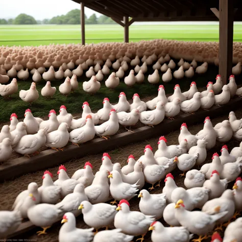 One hundred hens are pecking at the rice，in the chicken pen