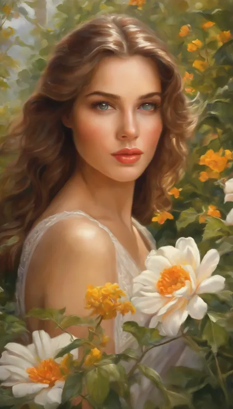 A girl in a garden,beautiful detailed eyes,beautiful detailed lips,extremely detailed eyes and face,long eyelashes,medium:oil painting,ultra-detailed,realistic:1.37,highres,stunning flowers and trees,vibrant colors,soft sunlight,watercolor touch.