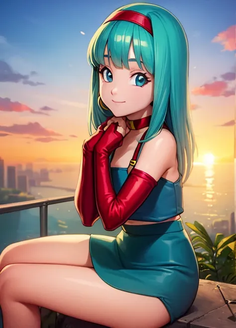 masterpiece, best quality, highest quality, photorealistic, perfect anatomy, perfect face, perfect eyes, aqua hair, brabulladbgt, red hairband, red gloves, red crop top, blue eyes, skirt, hoop earrings, choker, solo, 1 girl, city, outdoors, sexy pose, smil...