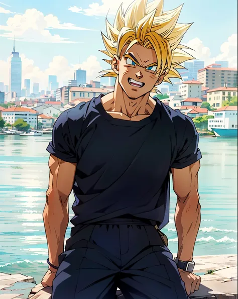 arafed man sitting on a ledge with a city in the background,   super saiyan, yellow hair,super saiyan goku, super sayan, super sayian goku, super saiyan 3, going super saiyan, dragon ball concept art, dragon ball artstyle, 4 k manga wallpaper, goku from dr...