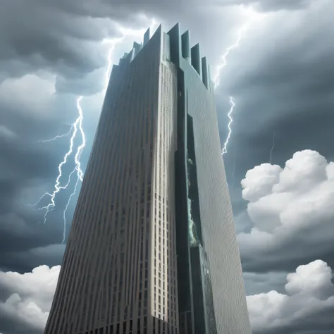 A gigantic building that reaches the sky, uma pequena cidade em volta, clouds passing by the building and lightning falling close to it