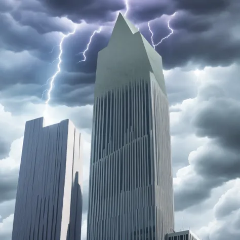 A gigantic building that reaches the sky, uma pequena cidade em volta, clouds passing by the building and lightning falling close to it