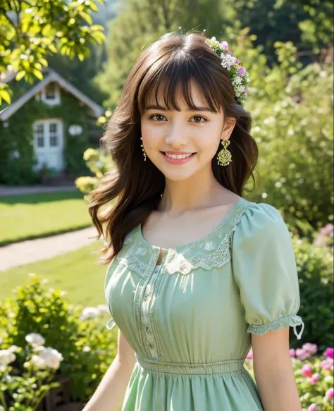 ((Masterpiece)), 8k, highest quality, 1 girl, solo, realistic, garden, photorealistic, super detailed, detailed background, (Solo: 1.4), wearing a simple dress, happy expression, slender body , Realistic and Detailed Half Hair, Intricate Details, Masterpie...