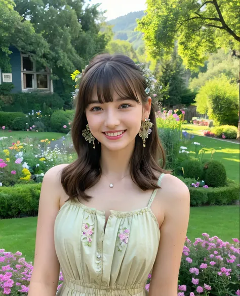 ((Masterpiece)), 8k, highest quality, 1 girl, solo, realistic, garden, photorealistic, super detailed, detailed background, (Solo: 1.4), wearing a simple dress, happy expression, slender body , Realistic and Detailed Half Hair, Intricate Details, Masterpie...