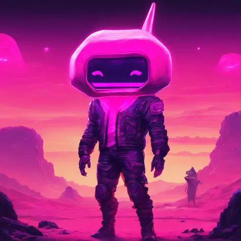 A pink cowboy alien standing in a desolate wasteland, with a weary expression on its face. In the distance, a giant ((((marshmallow)))) looms, emitting an eerie glow. The aliens cowboy hat is slightly askew, and its metallic body bears scars and scratches ...