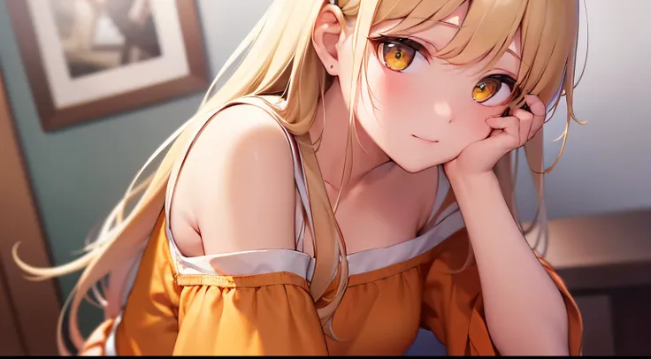 cinematic angle, Angle from above, High angle, ​masterpiece、hightquality、(Blonde long hair, yellow  eyes)、An 18-year-old woman、(Alone:1.5)、She is wearing an orange off-shoulder long-sleeved blouse.、hands together, (Shy expression:1.1)、Close-up of the subje...