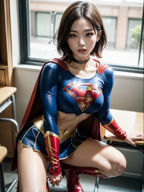 ​masterpiece,Short-haired supergirl spreading her thighs on a school desk、large full breasts、Looking at the camera、Glossy enamel costume、Glossy bright red enamel long boots、shiny red enamel skirt、a choker、Glimpse、Fluttering cloak、seduces、sexypose、shame、Ins...