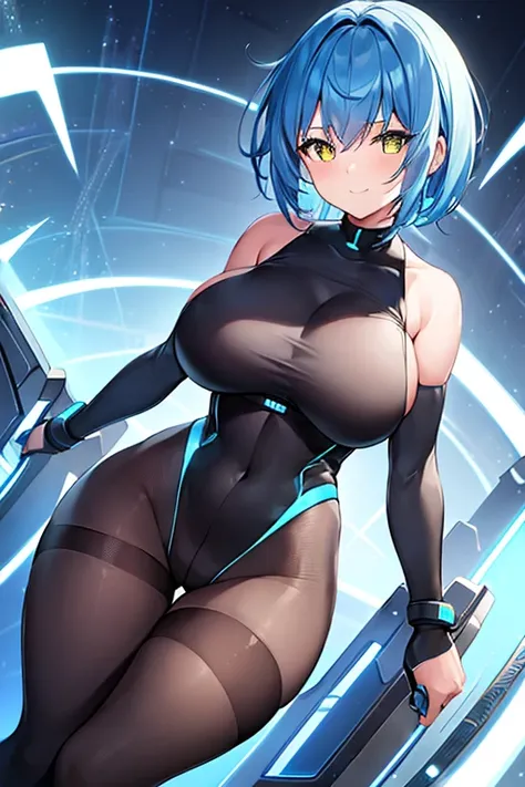 1girl, wide hips, thick thighs, breasts, large breasts, futuristic, tech, science-fiction, machinery, blue hair, very short hair, yellow eyes, light smile, smile, bodysuit, black bodysuit, neon trim, pantyhose, black pantyhose, thighhighs, blue neon trim, ...