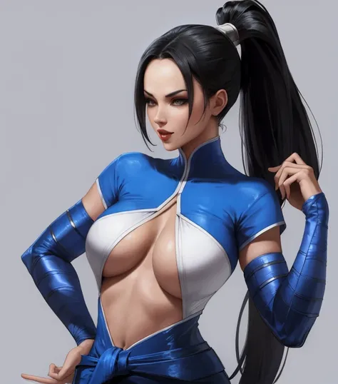 Kitana from mortal kombat striking a sexy pose, big sexy boobs, nice ass and anatomically thin waist