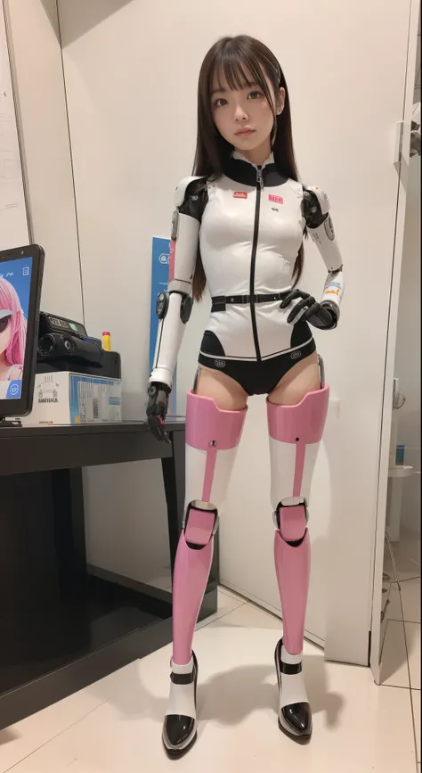 robot girl, pink there, Silver, Metallic body, Robot Parts, Metal Parts, Super Detailed Face, Super well-formed face, of the highest quality, a small face, a small head, Brown hair, slender body, Camera gaze, Internal Mechanical Exposure, Idol, Well-propor...