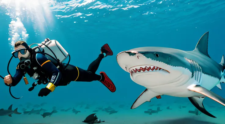 Commercial diver battling a shark