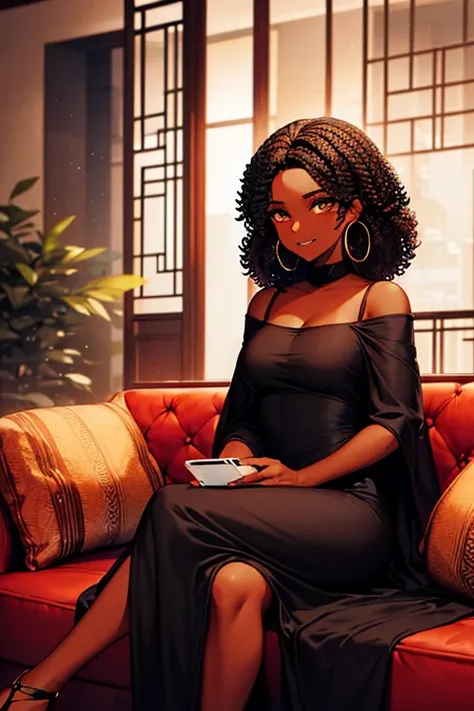 black woman, ((dark skin)), ((sitting on a dark red sofa)), dark brown eyes, ((black curly hair)), ((hair for back)), ((cell pho...