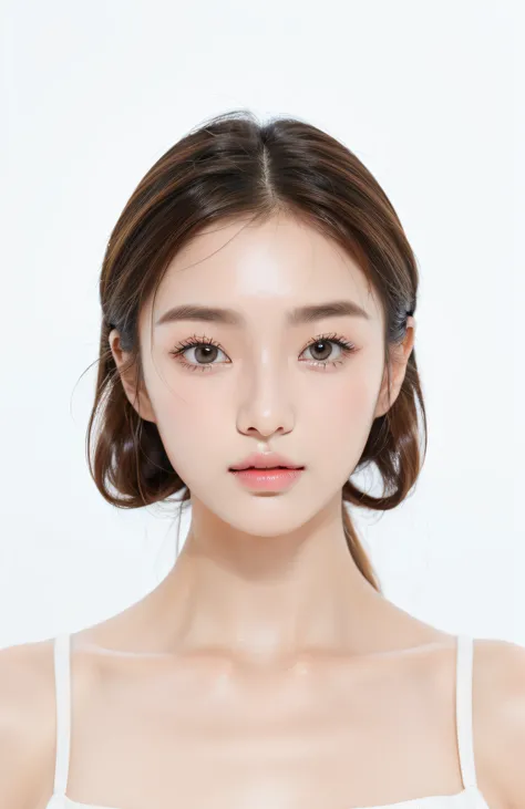 1 cute real photo of a Korean star, Medium hair, Delicate hair, white skinned, light make-up,,closeup portrait, hyper HD，frontage，forehead exposed，Does not obscure the face，The eyes have God，Eyelashes look good，Model the face，glowing light，Youth and beauty...