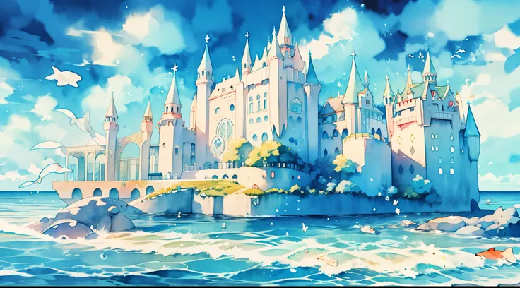 picture book illustration, watercolor storybook illustration, ((seaside castle)), (ocean beach), ((fantasy castle)), fairytale towers, clouds, vibrant pastel colors, dream, colorful, whimsical, magical, masterpiece, best quality, sharp focus, intricately d...