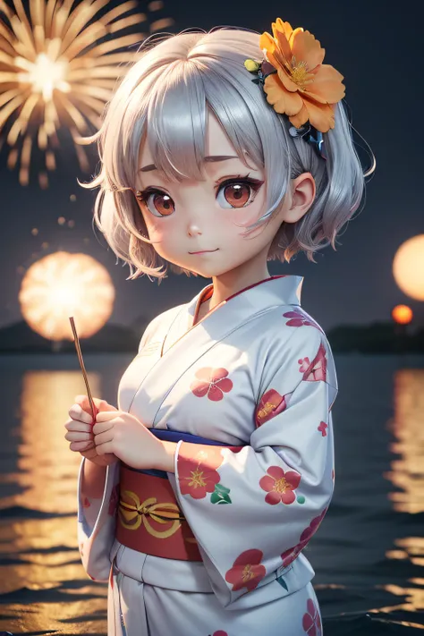 (3D Animation:1.3),(chibi character 3rd life:1.3),Cute and beautiful girl,Cute round face,Cute smile,(Wearing a yukata with a floral pattern on white fabric:1.3),Fireworks in the sky on riverbank background at night,Short hair with different inner colors: ...