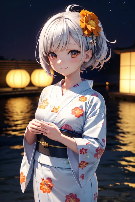 (3D Animation:1.3),(chibi character 3rd life:1.3),Cute and beautiful girl,Cute round face,Cute smile,(Wearing a yukata with a floral pattern on white fabric:1.3),Fireworks in the sky on riverbank background at night,Short hair with different inner colors: ...