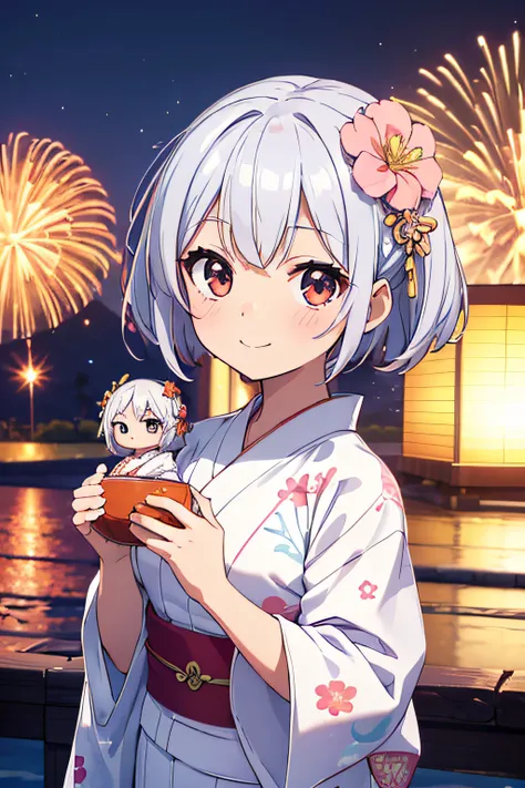 (3D Animation:1.3),(chibi character 3rd life:1.3),(Chibi Doll;1.3),Fantasy worldview,Cute and beautiful girl,Cute round face,Cute smile,(Wearing a yukata with a floral pattern on white fabric:1.3),Fireworks in the sky on riverbank background at night,Short...