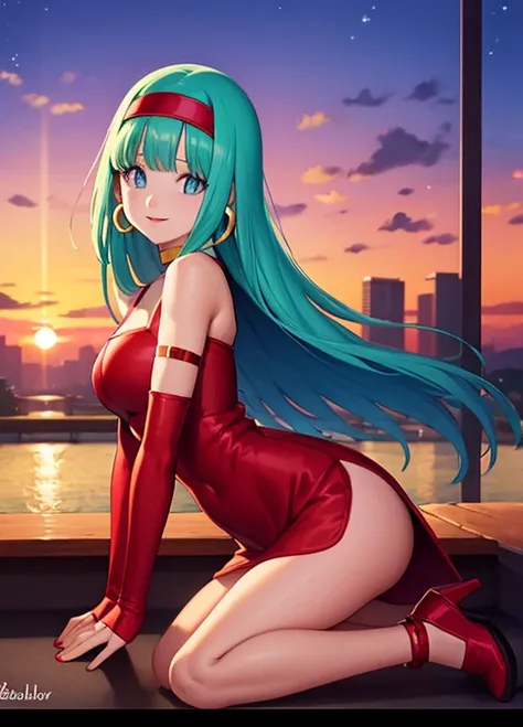 masterpiece, best quality, highest quality, photorealistic, perfect anatomy, perfect face, perfect eyes, aqua hair, brabulladbgt, red hairband, red dress, short red dress, hoop earrings, choker, solo, 1 girl, city, outdoors, sexy pose, smile, sunset,