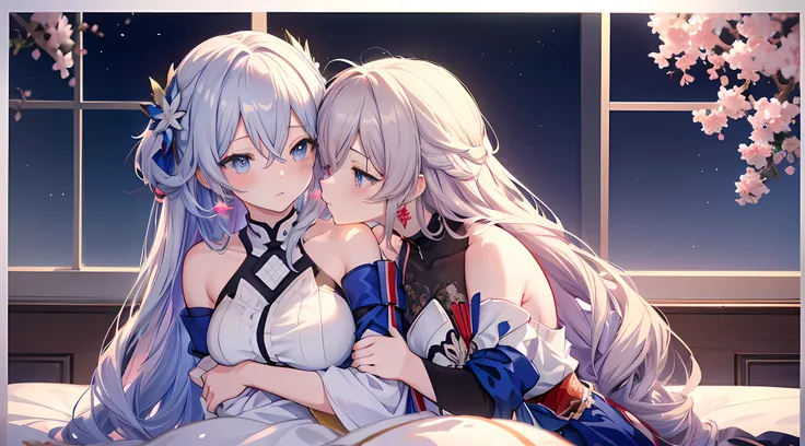 anime image of two girls in honkai star rail style outfit hugging on a bed, (beautiful detailed eyes:1.6), touching breast, grop...