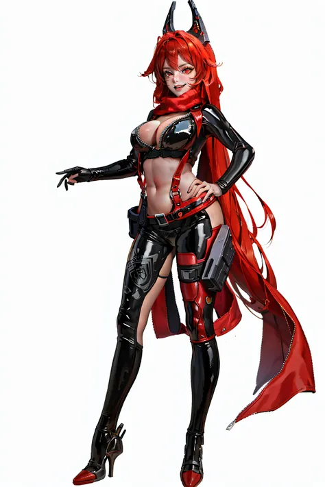 little red riding hood, very long hair, mechanical horn,red eyes, red scarf, unzipped bodysuit, suspenders, black pants,to stand...