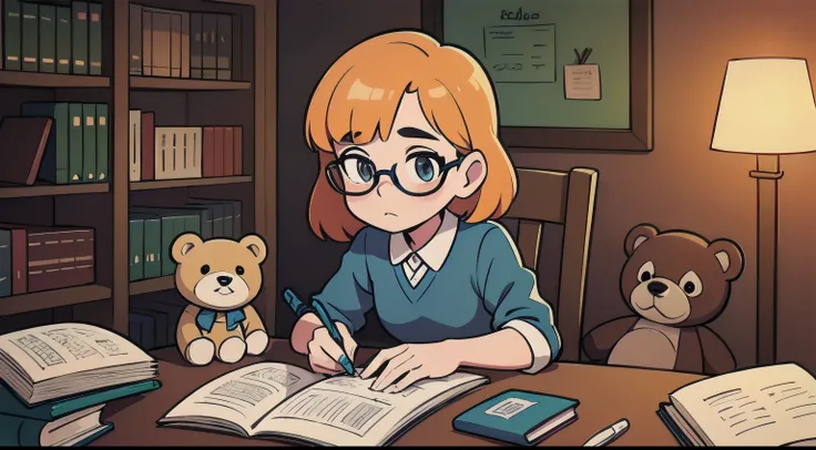 Create an illustration of a girl sitting at her desk, rodeada por livros e material escolar, enquanto mexe no celular. She is wearing glasses and her room is full of shelves with collections of dolls and teddy bears.. The soft light of the lamp creates a c...