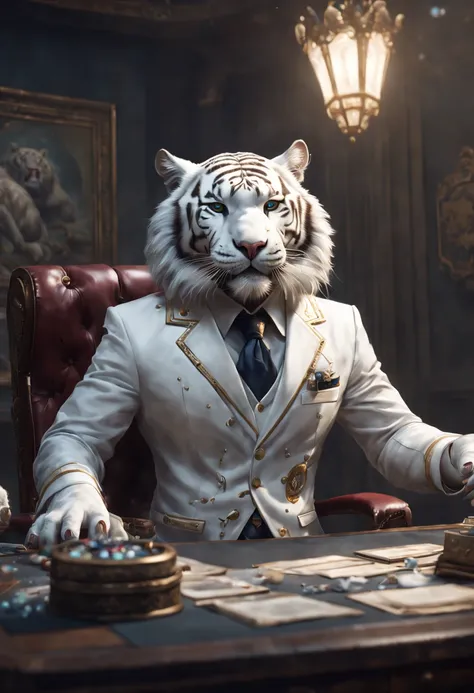 An intriguing image capturing the magic of a Discord moderator, dressed in the official attire, engaging with their setup. The moment becomes extraordinary as the moderator presses a random button, summoning a magnificent white tiger. The scene is rich in ...