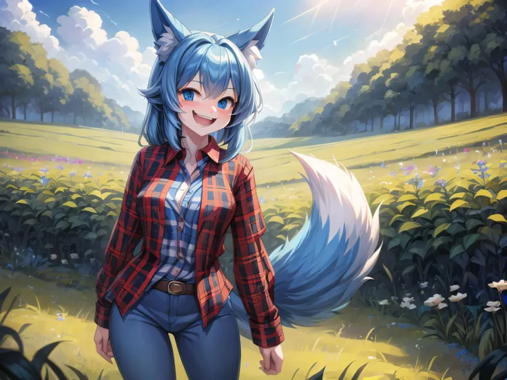 (Masterpiece) (High Detail) (High Res) A short petite humanoid girl with pale skin and blue eyes and long blue hair and blue dog ears and a big fluffy dog tail and small breasts is standing alone in a field full of tall crops and is wearing a red and black...