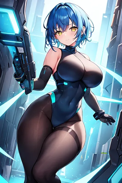 1girl, wide hips, thick thighs, breasts, large breasts, futuristic, tech, science-fiction, machinery, blue hair, very short hair, yellow eyes, light smile, smile, bodysuit, black bodysuit, neon trim, pantyhose, black pantyhose, thighhighs, blue neon trim,