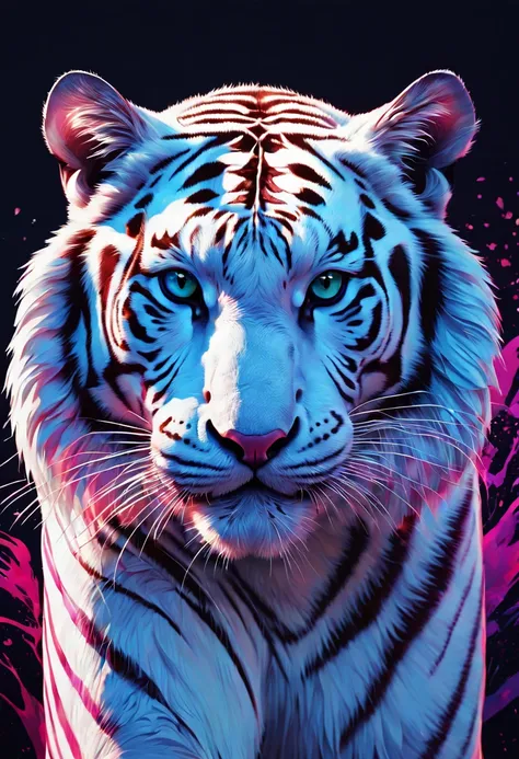 An enchanting visual representation where gradients unfold in multiple directions, crafting a kaleidoscopic masterpiece. Within this vibrant display, a majestic white tiger silhouette emerges, showcasing smooth and subtle transitions. The detailed and harm...