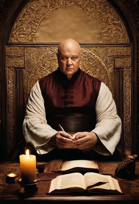 A photo of Varys seated at a desk, writing in a small leather-bound journal by candlelight,HBOs Game of Thrones,Varys is a heavier set bald man, who wears fine embroidered robes, famously portrayed by Conleth Hill, male