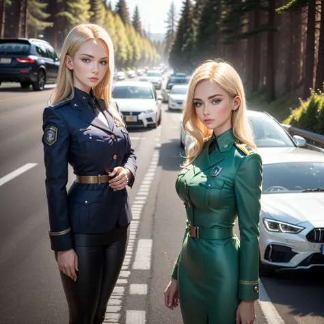 European face, with high cheekbones, pronounced cheekbones, Straight nose, large nose, spruce forest, freeway, official car, guards uniform, blonde with blue eyes, Hair length to shoulder.