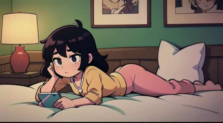 Draw a girl lying on her bed, surrounded by fluffy pillows, wearing comfortable pajamas while playing on her cell phone.  ((full body)) her room is decorated with fairy lights and posters of her favorite movies on the walls.