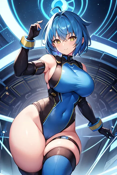 1girl, wide hips, thick thighs, breasts, large breasts, futuristic, tech, science-fiction, machinery, blue hair, very short hair, yellow eyes, light smile, smile, leotard, white leotard, blue trim, thigh strap, arm strap