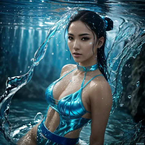 Mujer arafed en bikini azul en el agua., close-up fantasy with water magic, Photoshop water manipulation, asian female water elemental, Ross Tran 8 K, wet look, Karol behind UHD, shot on nikon z9, Alexey Egorov, Jingna Zhang, Hada del Agua, en el agua, gli...