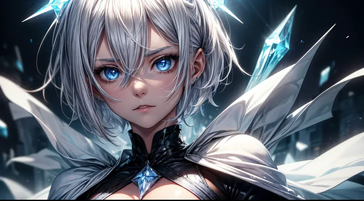 (a)woman,young,19 years old,shorthair white hair,(shorthair:white hair:1.1),skin as white as snow,cold gaze,black clothes,[grey robe],cape,half body,(background:blue lights),(blue-eyed:crystal eyes),(ice blue eyes),(icy:blue eyes),(intense:blue eyes),(crys...