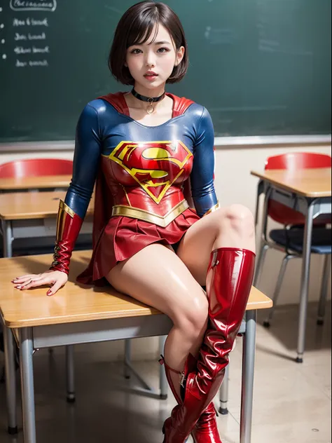 ​masterpiece,Short-haired Supergirl sitting at school desk with legs spread、large full breasts、Looking at the camera、Glossy enamel costume、Glossy bright red enamel long boots、Shiny red skirt、Glossy bondage、a choker、Large open legs