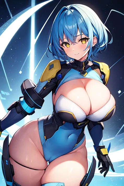 1girl, wide hips, thick thighs, breasts, large breasts, futuristic, tech, science-fiction, machinery, blue hair, very short hair, yellow eyes, light smile, smile, bodysuit, white bodysuit, blue trim, thigh strap, cleavage cutout, cleavage, cameltoe, gloves