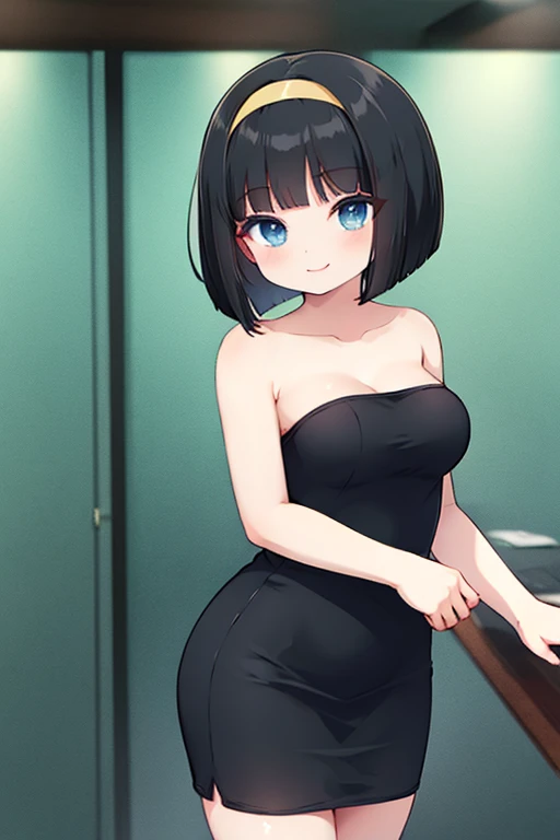 strapless tube dress, black dress, smile, bob cut, hairband, medium breasts, black hair, blue eyes, ballroom, standing,