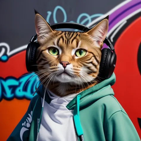 cat wearing headphones and a hoodie standing in front of a graffiti wall, an anthro cat