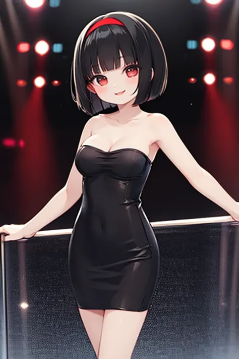 black strapless tube dress, medium breasts, smile, lips, bob cut, black hair, red hairband, ballroom, disco lights,